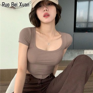 RUO BEI XAUN เสื้อยืดสตรีสไตล์เกาหลีแขนสั้นคอกลมทรงสลิมเรียบง่ายสีทึบด้านบนสั้น