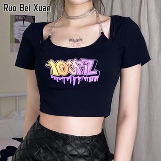 RUO BEI XUAN เสื้อยืดสตรี 2023 ใหม่สไตล์เกาหลีแฟชั่นแขนสั้นพิมพ์ลายตัวอักษรโซ่