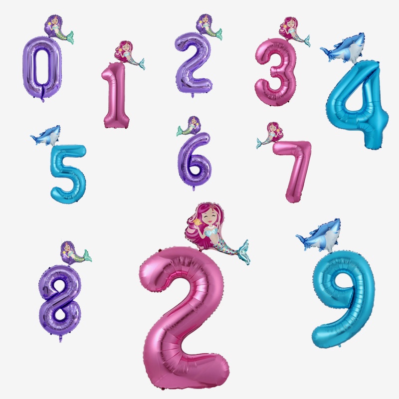 32 นิ้ว Mermaid สีม่วงจํานวนบอลลูนชุด Shark บอลลูน Sea Life ฟอยล์บอลลูน 09Birthday Party ตกแต่งบอลลูนเด็กวันเกิด Baby Shower ครบรอบตกแต่ง