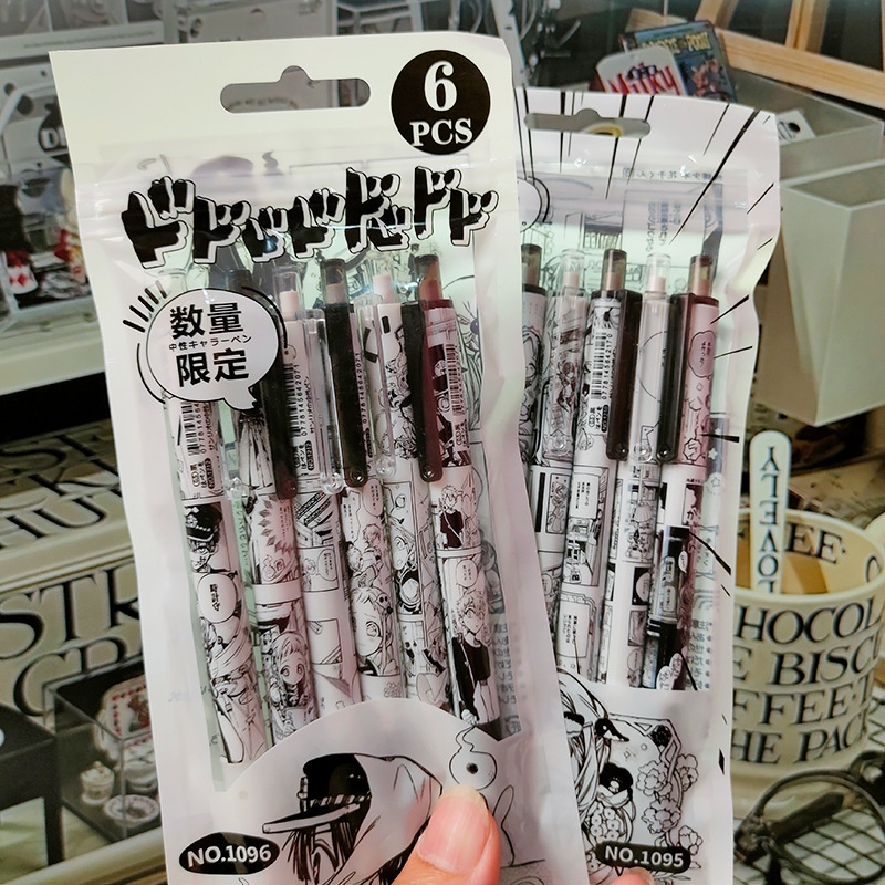 6 ชิ้น / เซต ปากกาลูกลื่น สีดํา ปากกาลายเซ็นนักเรียน - อะนิเมะ Huazijun