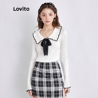 Lovito สเวตเตอร์ลำลอง สีพื้น สไตล์เกาหลี สีคอนทราส สำหรับสตรี L37AD010 (สีขาว)