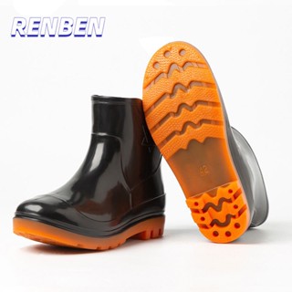 RENBEN รองเท้ากันฝนผู้ชาย PVC กันลื่นรองเท้ากันน้ำผู้ชายสีดำหนาทนต่อการสึกหรอประกันแรงงานไซต์ก่อสร้างยาง