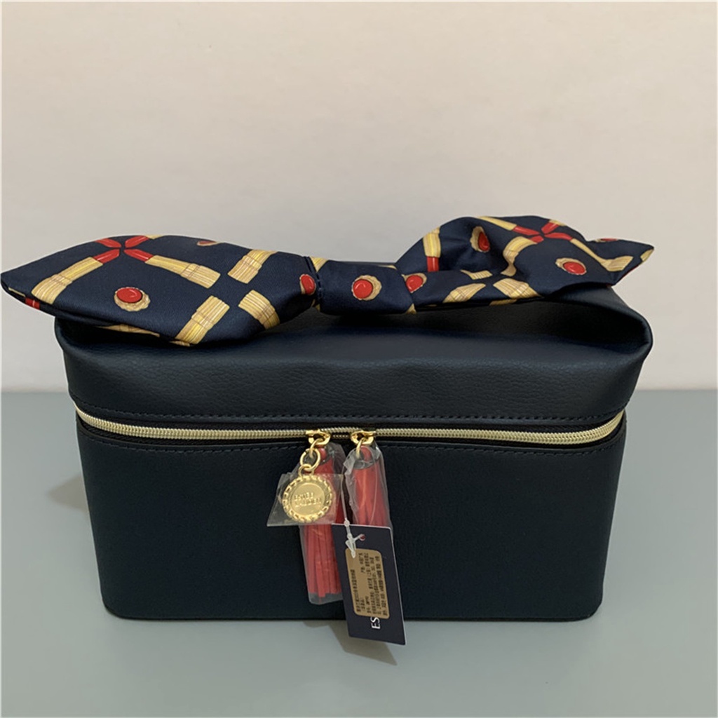 ESTEE Counter Gift Large Capacity Dark Blue Ribbon Makeup Bag Organizer Box Makeup Box Handheld Stor