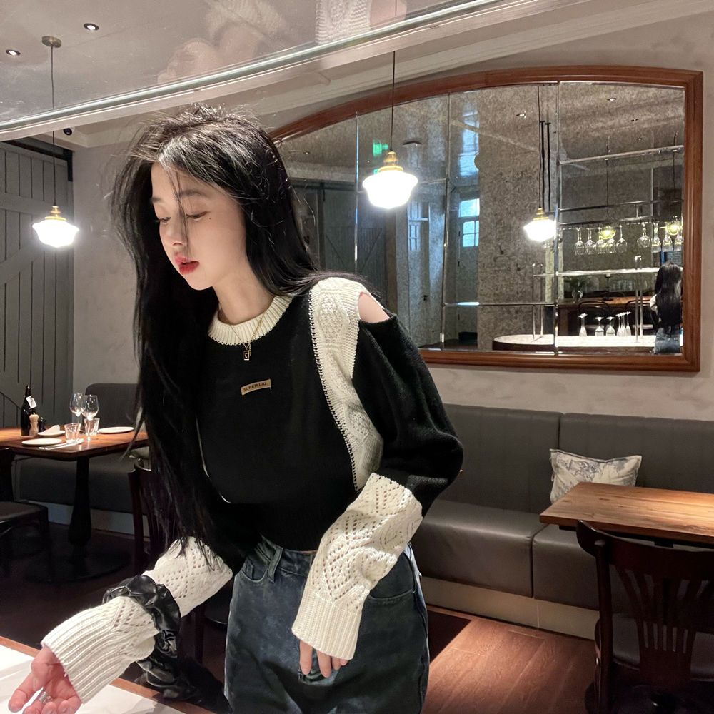 เสื้อกันหนาวแขนยาว เปิดไหล่ ผ้าถัก ฉลุลาย เซ็กซี่ แฟชั่นฤดูใบไม้ผลิ และฤดูใบไม้ร่วง สําหรับเด็กผู้หญิง