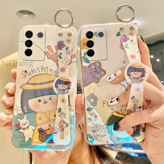 เคสโทรศัพท์มือถือแบบนิ่ม ลายการ์ตูนเด็กผู้หญิง ดวงอาทิตย์ ดอกไม้ ประดับพลอยเทียม พร้อมสายคล้องข้อมือ สําหรับ Vivo V27 V27E V27 Pro