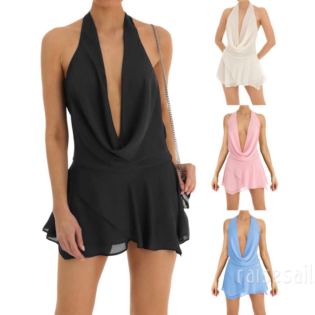 Rsa-ผู้หญิงฤดูร้อนชุดสลิงสั้นสีทึบแขนกุดเปลือยแขวนคอชุด