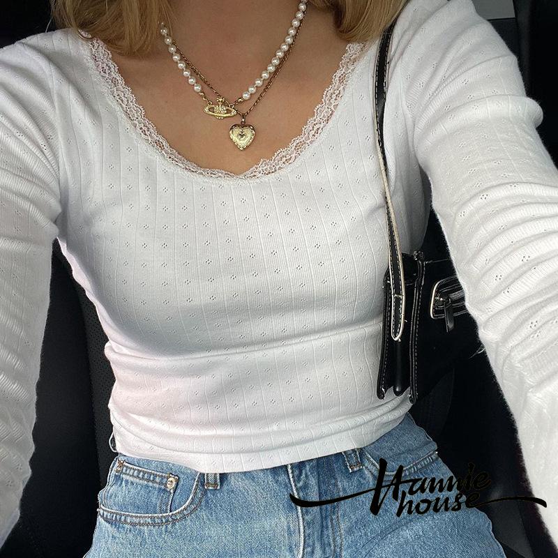 เสื้อครอปท็อปแขนยาว คอกลม แต่งขอบลูกไม้ สําหรับผู้หญิง