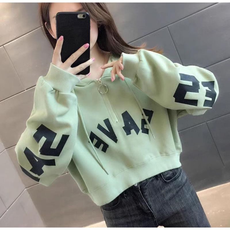 SAVE CROP HOODIE ZIPPER | สไตล์เกาหลีผู้หญิง KIYOWO CROOP HOODIE SWETER FLEECE MATERIAL