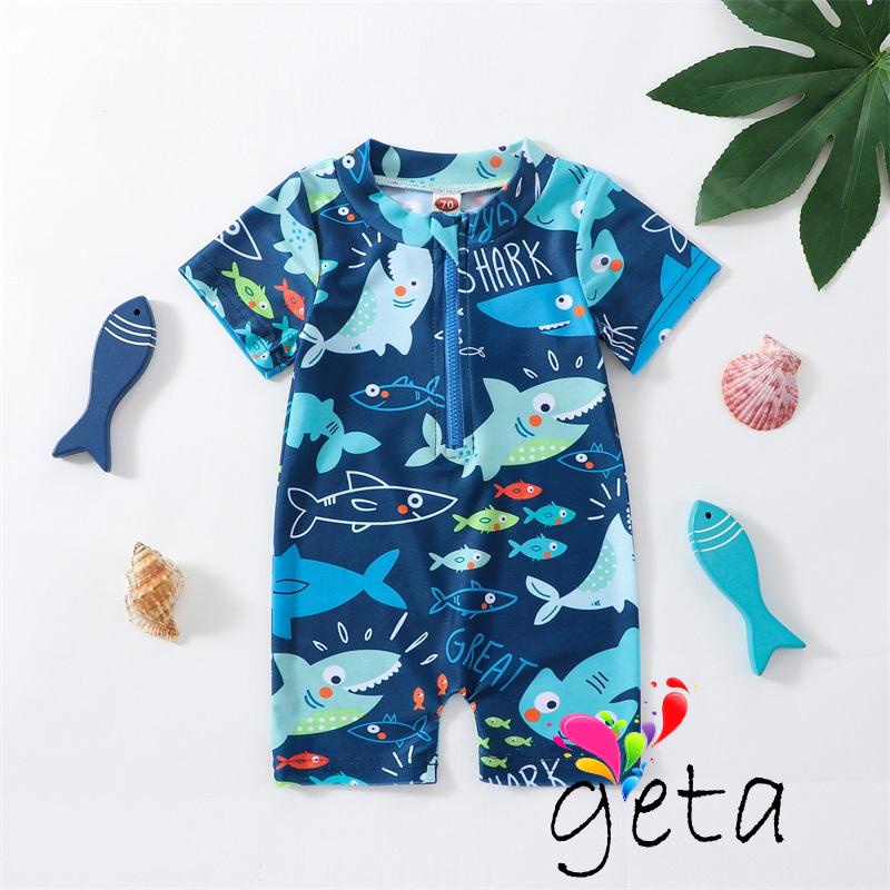 Ljw-kids Boys ชุดว่ายน้ําฤดูร้อน Casual Shark พิมพ์แขนสั้นซิปชุดว่ายน้ํา Beachwear