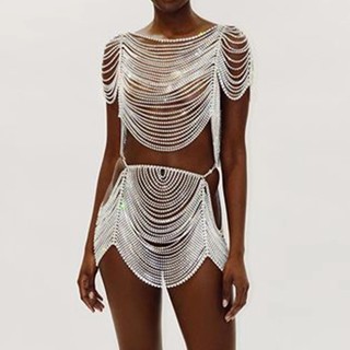 European and American hot-selling diamond-encrusted bikini suit fashionable multi-layer bra chain Womens rhinestone skirt chain suit chain BZTM