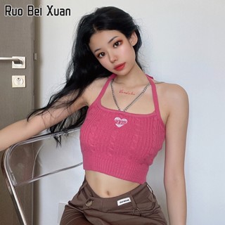 Ruo Bei Xuan เสื้อชั้นในสตรี แฟชั่นใหม่ หัวใจ ปัก สีชมพู เสื้อกล้าม สายคล้องคอ เสื้อชายหาด