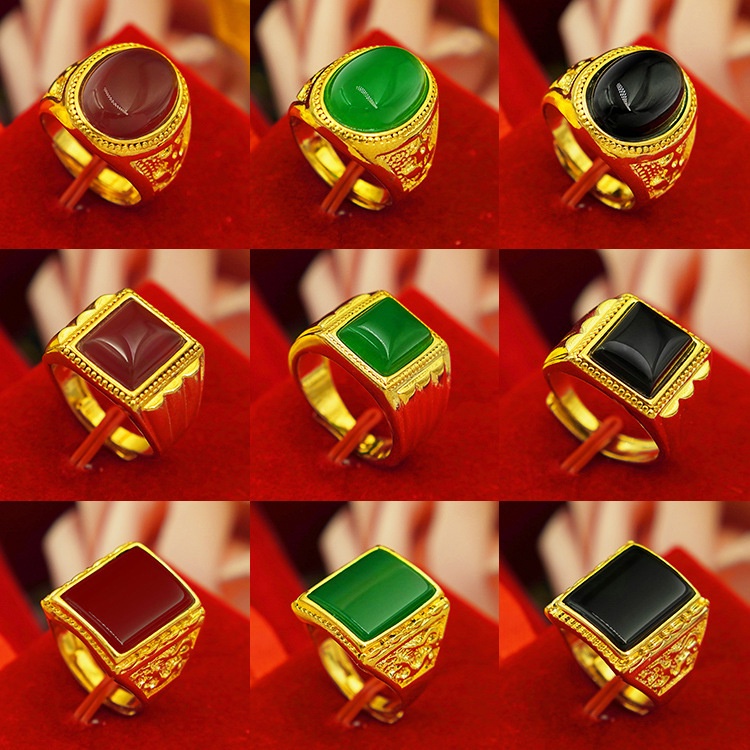 พลอยไพลินทรงสี่เหลี่ยม/รูปไข่แหวนทองชุบทองคริสตัล Cincin แฟชั่นผู้ชาย Jewellery