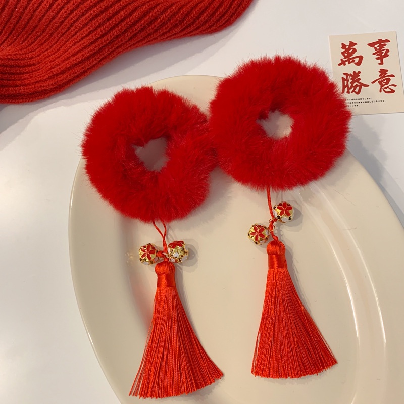 ยางรัดผม แบบยืดหยุ่น ประดับพู่ ขนาดใหญ่ สีแดง สไตล์จีน สําหรับเด็กผู้หญิง จํานวน 2 ชิ้น - รูปที่ 2