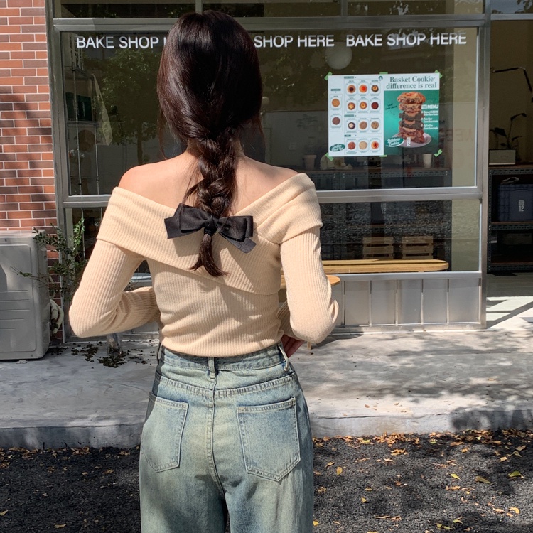 Suxi เสื้อแขนยาว เปิดไหล่ข้างเดียว ผ้าถัก สีพื้น เรียบง่าย แฟชั่นฤดูใบไม้ผลิ - รูปที่ 7