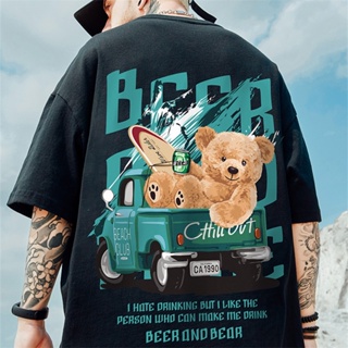 M-8XL Summer new style Hong Kong style cartoon beer bear print short-sleeved T-shirt men and women couples fashion _07