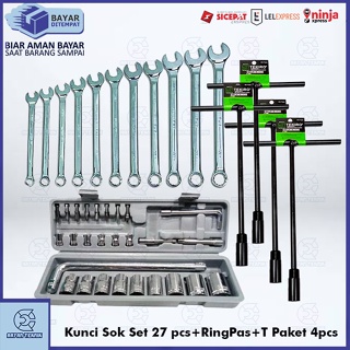 ชุดประแจซ็อกเก็ต 27 ชิ้น และประแจถุงเท้า T 4 ชิ้น (8, 10, 12, 14 มม.) 11 ชิ้น เพชร 8-22 มม.