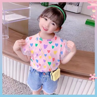 Girls new mesh bubble sleeve T-shirt childrens western style love short-sleeved clothes babys summer fashion princess childrens T