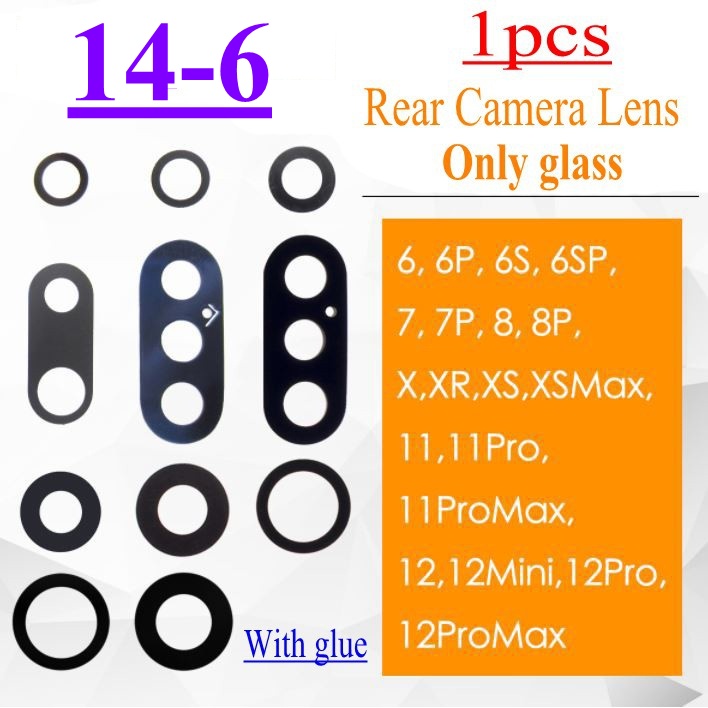 14-6 พร้อมกาวกาว1pcs เลนส์กล้องด้านหลังสําหรับ iPhone 14 plus 13 pro 12 mini 11 pro max 8 6 6s 6P 6s 7 7 plus เลนส์กล้องด้านหลังพร้อมกาวซ่อมเฉพาะกระจก