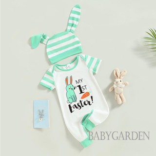 Babygarden- ชุดรอมเปอร์ แขนสั้น พิมพ์ลายกระต่ายน่ารัก + หมวกลายทาง สําหรับเด็ก