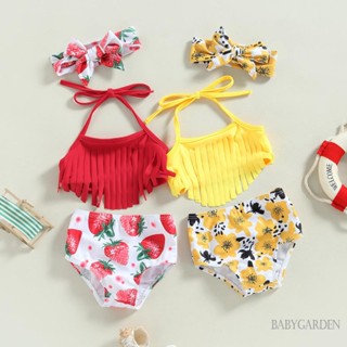 Babygarden-0-3 ปี ชุดว่ายน้ําเด็กผู้หญิง 3 ชิ้น, เสื้อพู่ สีพื้น + กางเกงขาสั้น พิมพ์ลายสตรอเบอร์รี่ / ดอกไม้ + ที่คาดผม