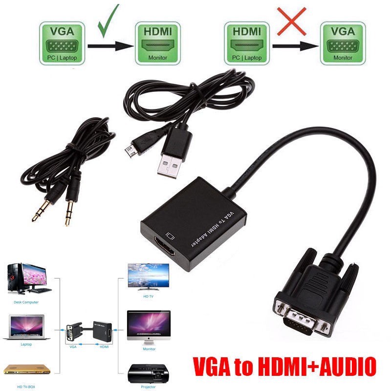 1080P VGA to HDMI Video Converter Adapter with Mini USB Power Cable 3.5mm Audio Cable vga2hdmi for HDTV  PC