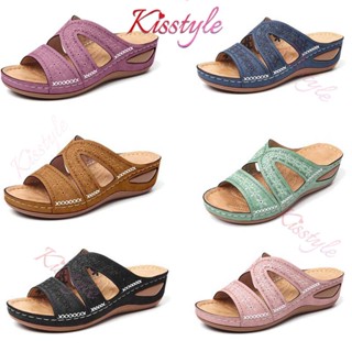 Kisstyle รองเท้าแตะแพลตฟอร์มลําลองลายดอกไม้กันลื่นสําหรับผู้หญิง