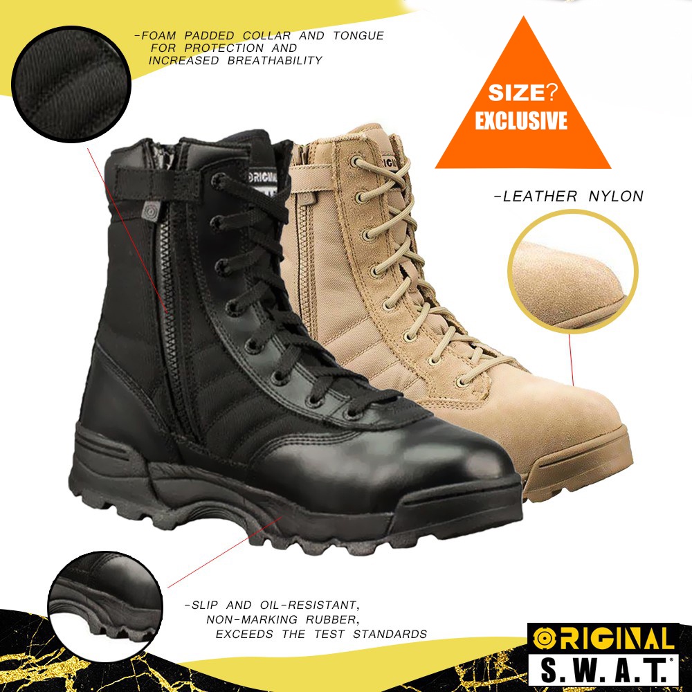 🔹ขายด่ว☀️Men Original SWAT Classic 9" Tactical Military Boots Side Zip Combat Forces Shoes🔥รองเท้าหนังข้อยาว