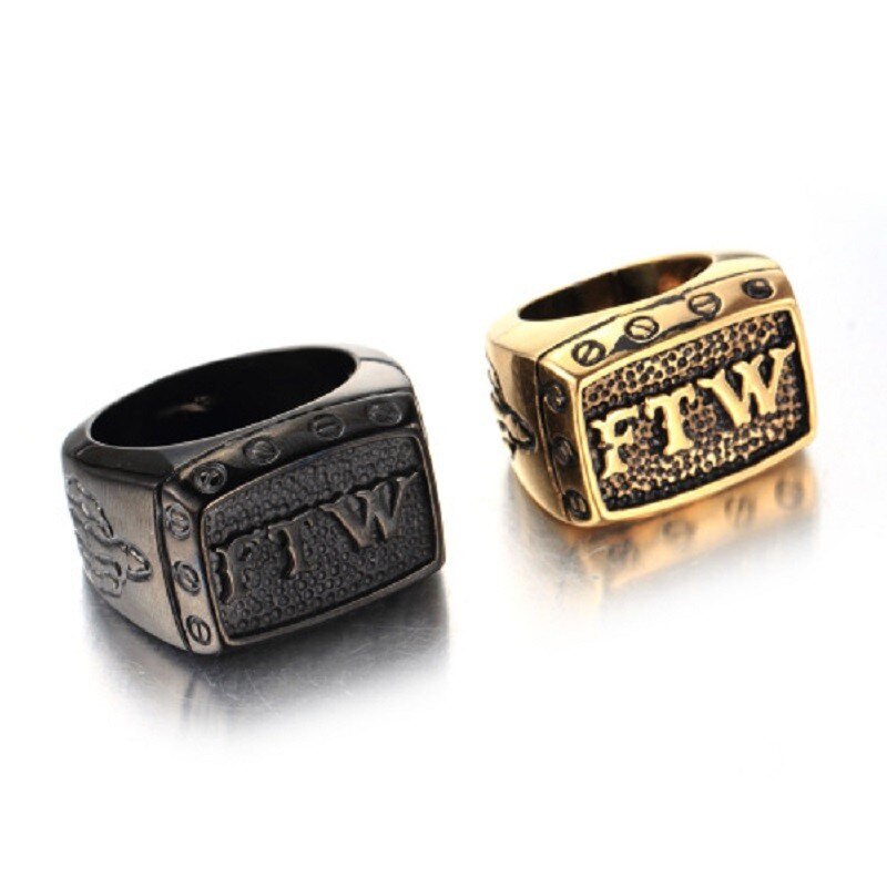 bls FTW ตัวอักษรสีทองและสีดำแหวนสแตนเลส Punk Domineering Titanium แหวนเหล็ก FTW ตัวอักษร 90z