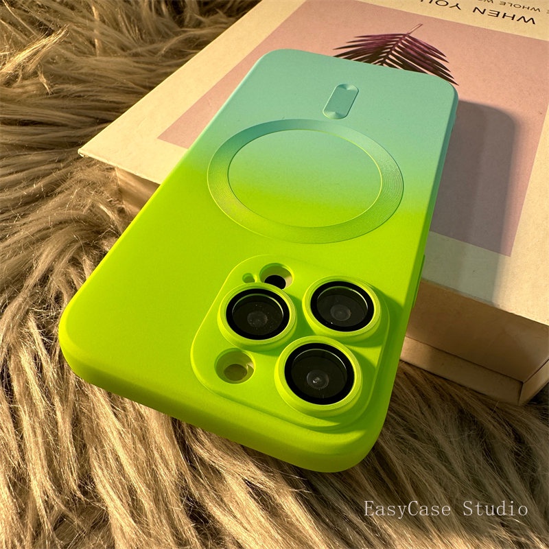 เคสโทรศัพท์มือถือ ซิลิโคน ฟิล์มแม่เหล็กไล่โทนสีเขียวเรืองแสง สําหรับ iPhone 15 14 13 11 Pro Max 14Plus 15Plus
