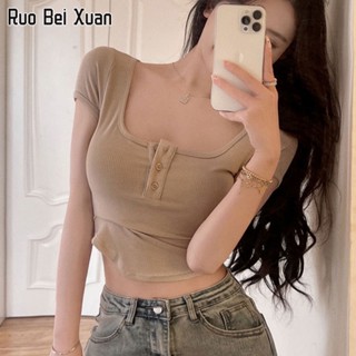 RUO BEI XAUN เสื้อยืดสตรีสไตล์เกาหลีแฟชั่นใหม่สลิมเสื้อครอป