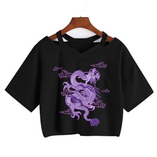 Woman T-shirts Harajuku Dragon kpop ropa y2k Crop Tops Aesthetic Vintage Femme V-neck Tops korean Punk Streetwear G_02