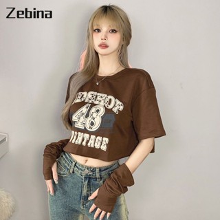 Zebina เสื้อยืดสตรีใหม่เวอร์ชั่นเกาหลีสั้นย้อนยุคถนนกราฟฟิตีพิมพ์เสื้อยืดแขนสั้น