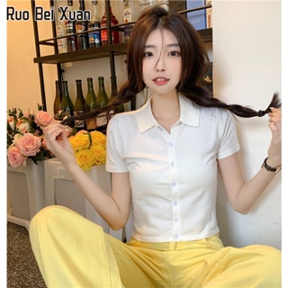 RUO BEI XUAN เสื้อแขนสั้นสตรีสไตล์เกาหลีใหม่แฟชั่นผ้าฝ้ายคอโปโลแขนสั้นเสื้อยืด