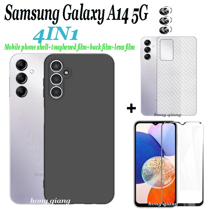 4 in 1 เคสโทรศัพท์ กระจกนิรภัย กันรอยหน้าจอ ฟิล์มเลนส์ ฟิล์มด้านหลัง สีดํา สําหรับ Samsung Galaxy A14 5G A04E A23 A13 A54 5G A34 5G