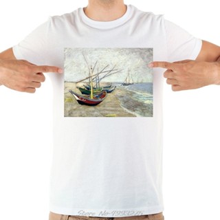 oversize T-shirt เสื้อยืดแขนสั้นลําลอง คอกลม พิมพ์ลาย Vincent Van Gogh Fishing Boat On The Les Saintes Maries De La Mer