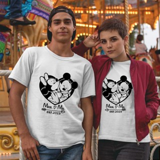 เสื้อยืดผู้ Disney Mickey Minnie Lovers T-shirts 2023 Fashion Trend Valentine&amp;#39;s Day Clothes Disneyland Trip Couple T