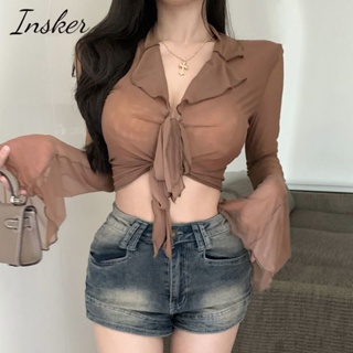 Insker- เสื้อยืดแขนยาว ผ้าตาข่าย สีพื้น เซ็กซี่ สําหรับผู้หญิง