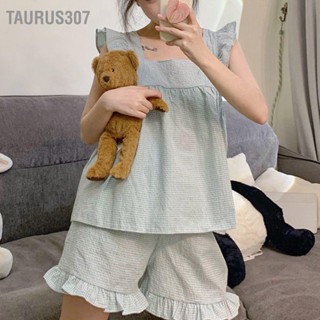  Taurus307 2 ชิ้น Ruffle ชุดนอนแขนกุดกางเกงขาสั้นด้านบนชุดนอนพิมพ์ลายลายสก๊อตน่ารักนุ่มชุดสำหรับฤดูร้อน