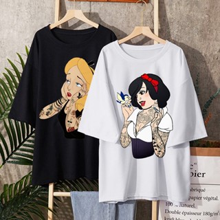 Alice In Wonderland T Shirt Women Cotton Tops Black Alice Snow White Princess Print Casual Short_03