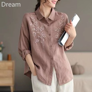 Retro embroidered lapel linen top loose slimming cotton linen long sleeve shirt