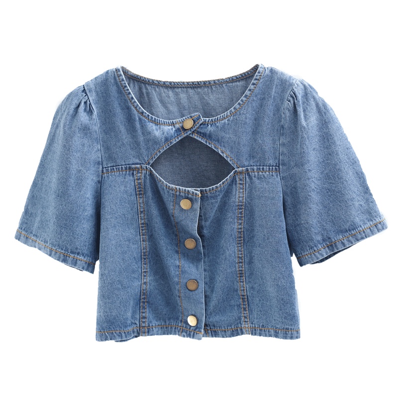💖เสื้อเชิ้ตยีนส์ เสื้อเชิ้ตยีนส์แขนสั้น สไตล์หวาน แจ็คเก็ตยีนส์ผู้หญิงแขนสั้น - รูปที่ 6