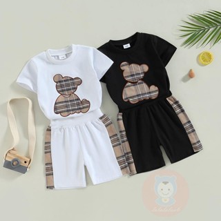 Laa6- เสื้อยืดคอกลม แขนสั้น ลายสก๊อต หมี พร้อมกางเกงขาสั้น ลําลอง สําหรับเด็ก ใช้ได้ทุกวัน
