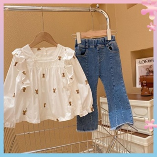 Girls fashionable suit 2022 Spring and Autumn new childrens western style lace bear doll shirt micro-La jeans