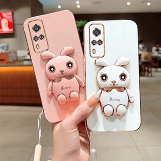 เคสโทรศัพท์มือถือ ชุบไฟฟ้า ลายกระต่ายน่ารัก 360 องศา พร้อมตัวยึดวาง และสายคล้อง สําหรับ Vivo Y51 2020 Y31 2021 Y51A Y53S 4G V2030 V2036 V2031