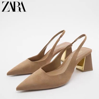 Zara รองเท้าส้นสูง ส้นหนา หัวแหลม แต่งสายรัดด้านหลัง สีน้ําตาล แฟชั่นฤดูใบไม้ร่วง สําหรับผู้หญิง 2022