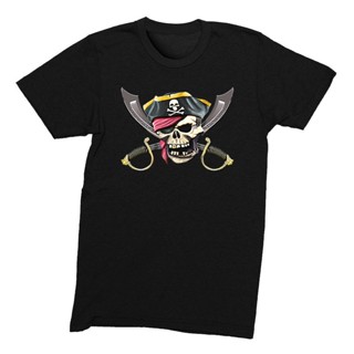 เสื้อยืดผู้ เสื้อยืดลําลอง แขนสั้น คอกลม พิมพ์ลาย Jolly Roger Pirate Scimitar Swords Skull Crossbones เหมาะกับของขวัญ สํ