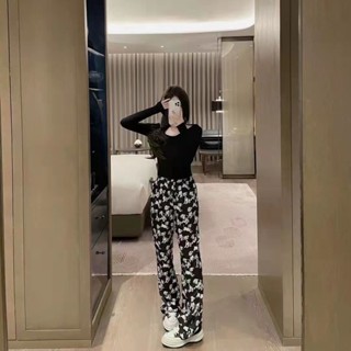 Cute celine dog pants high waist wide leg pants womens casual pants spring loose high waist straight pants