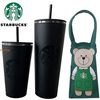 【ในการจัดส่ง】 Starbucks Tumbler Matte Black Coffee Cup Double Layer Frosted Straw Cup Starbucks