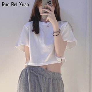 RUO BEI XUAN เสื้อยืดผู้หญิง ใหม่ เสื้อยืดแขนสั้นผ้าฝ้ายสไตล์เกาหลี