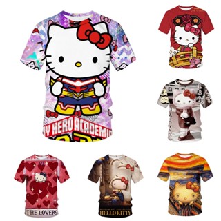 เสื้อยืด คอกลม แขนสั้น พิมพ์ลาย Hello Kitty 3 มิติ น่ารัก ลําลอง สําหรับผู้หญิง